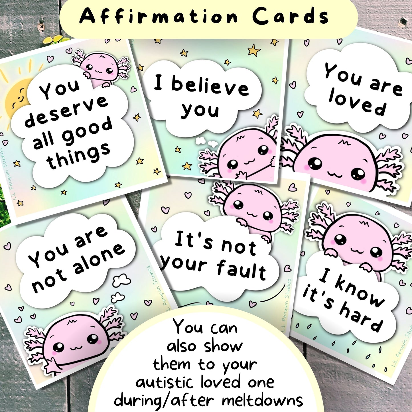 Axolotl Communication Cards and Affirmations Bundle (Autism, ADHD, Anxiety, Hidden Disabilities)