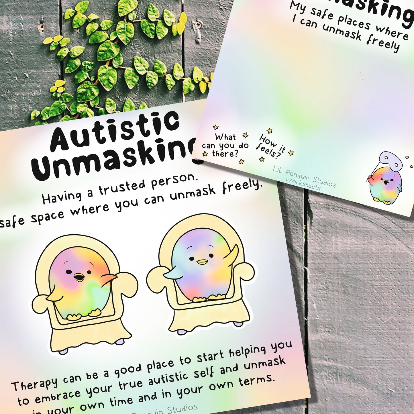 Autistic Unmasking Bundle with 6 Worksheets, a poster and 6 further art prints.