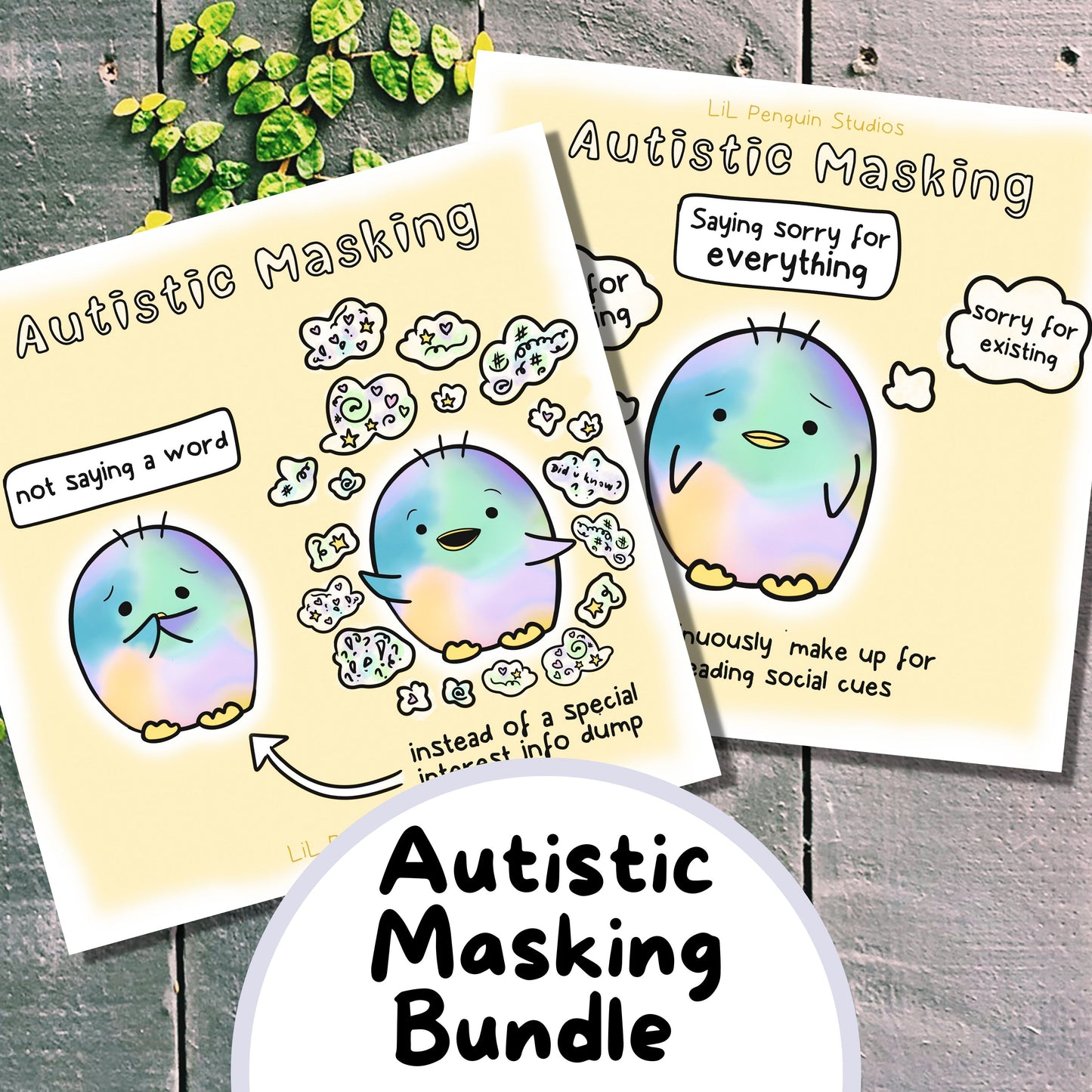 Autistic Masking digital bundle with a blank worksheet. Hand drawn by an autistic artist (LiL Penguin Studios)