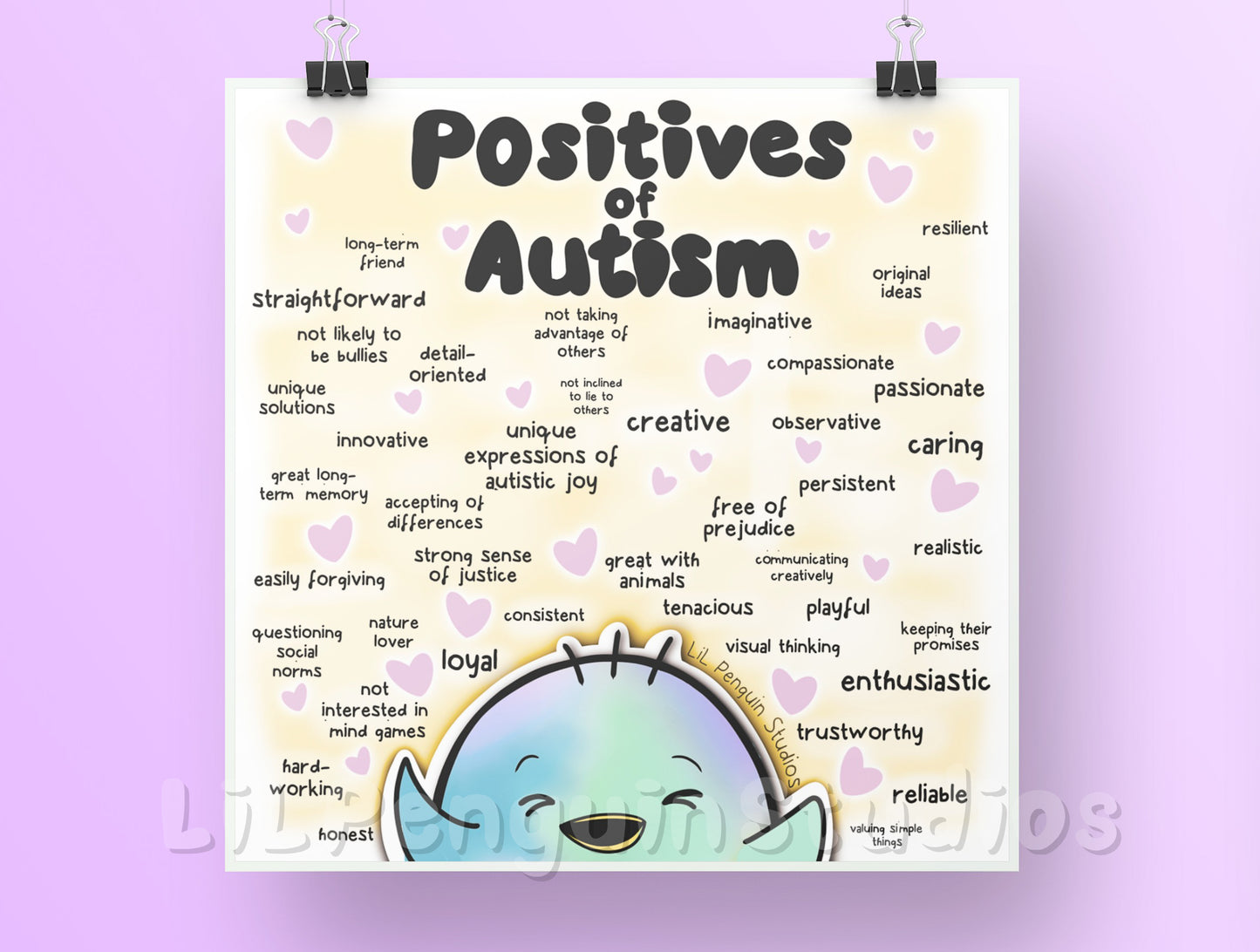 Positives oF Autism poster hand drawn by an autistic artist.