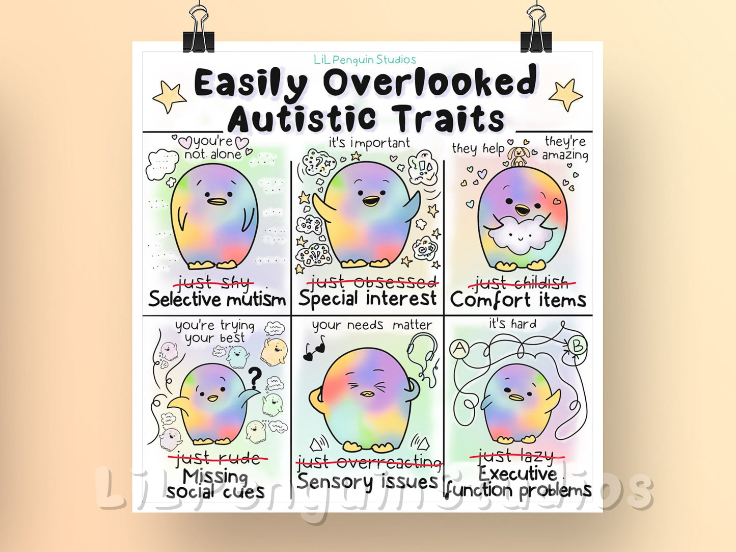 Autism Digital Art Print. Transcript: Easily Overlooked Autistic Traits✨ . - selective mutism / situational mutism- it's NOT about shyness - you're not alone - special interest - it's NOT just an obsession - it's important - executive function problems - it's NOT laziness - it's hard - sensory issues - it's NOT overreacting - your needs matter - missing social cues - it's NOT rudeness - you're trying your best - comfort items - they are NOT childish - they help a lot, and they are amazing