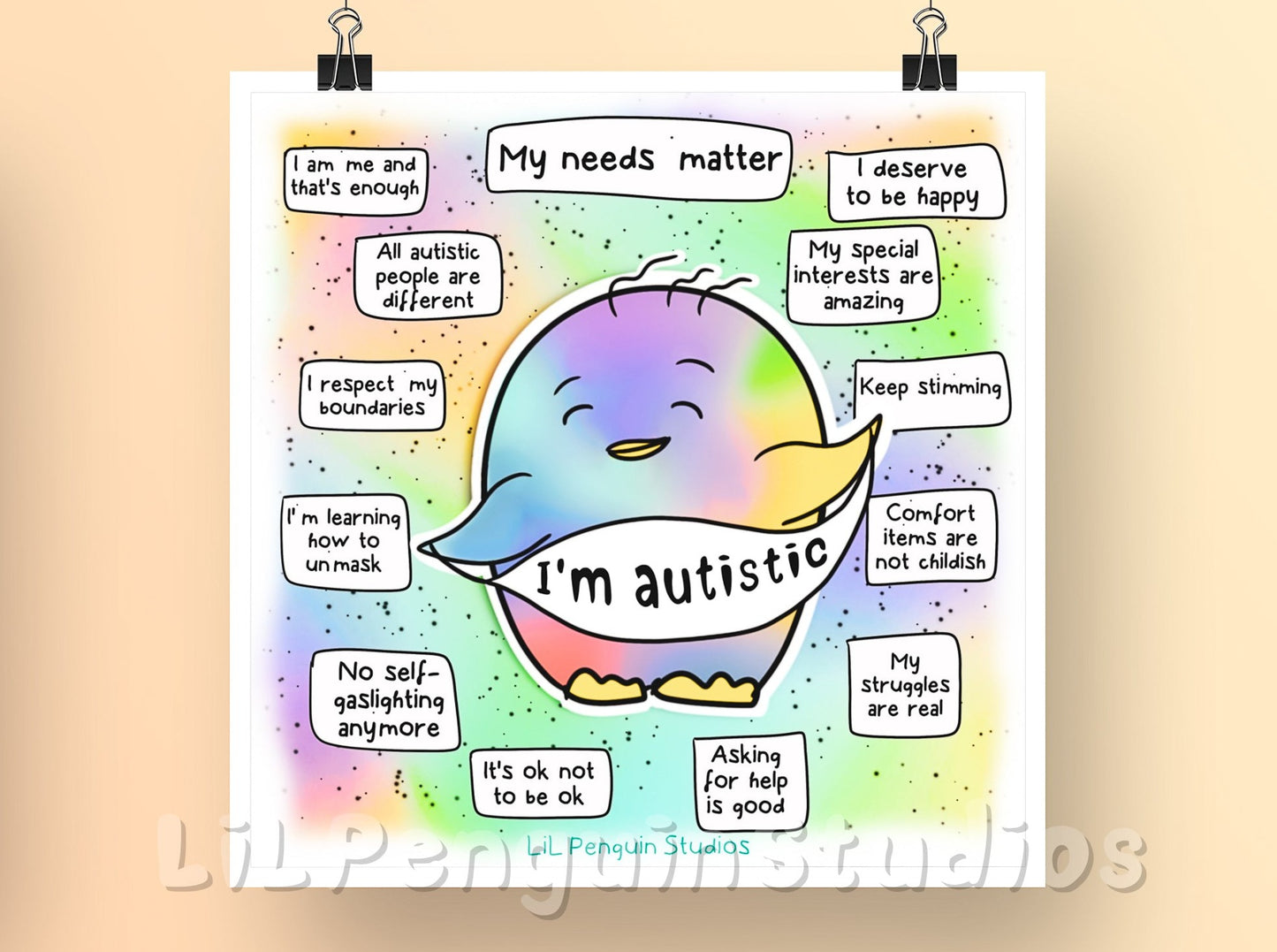 Autistic Affirmations Printable Poster. Transcript: I'm autistic. My needs matter. I am me and that's enough. All autistic people are different. I respect my boundaries. It's ok not to be ok. I'm learning how to unmask. No self-gaslighting anymore. My special interests are amazing. Keep stimming. Comfort items are not childish. My struggles are real. Asking for help is good. I deserve to be happy.