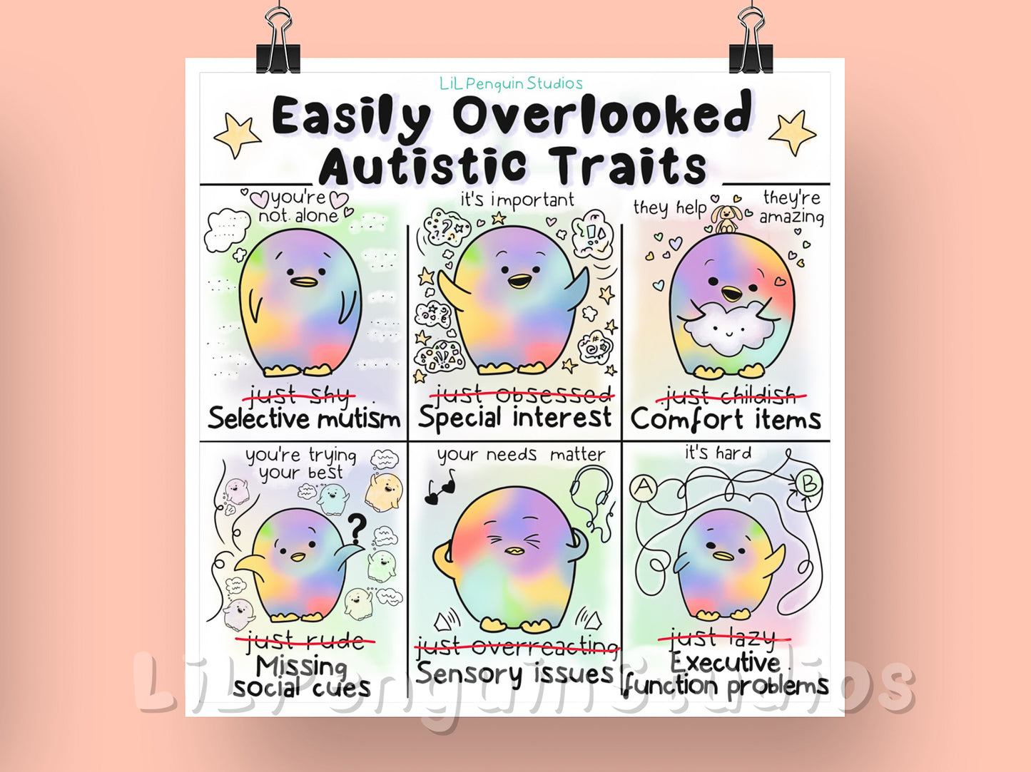 Autism Digital Art Print. Transcript: Easily Overlooked Autistic Traits✨ . - selective mutism / situational mutism- it's NOT about shyness - you're not alone - special interest - it's NOT just an obsession - it's important - executive function problems - it's NOT laziness - it's hard - sensory issues - it's NOT overreacting - your needs matter - missing social cues - it's NOT rudeness - you're trying your best - comfort items - they are NOT childish - they help a lot, and they are amazing