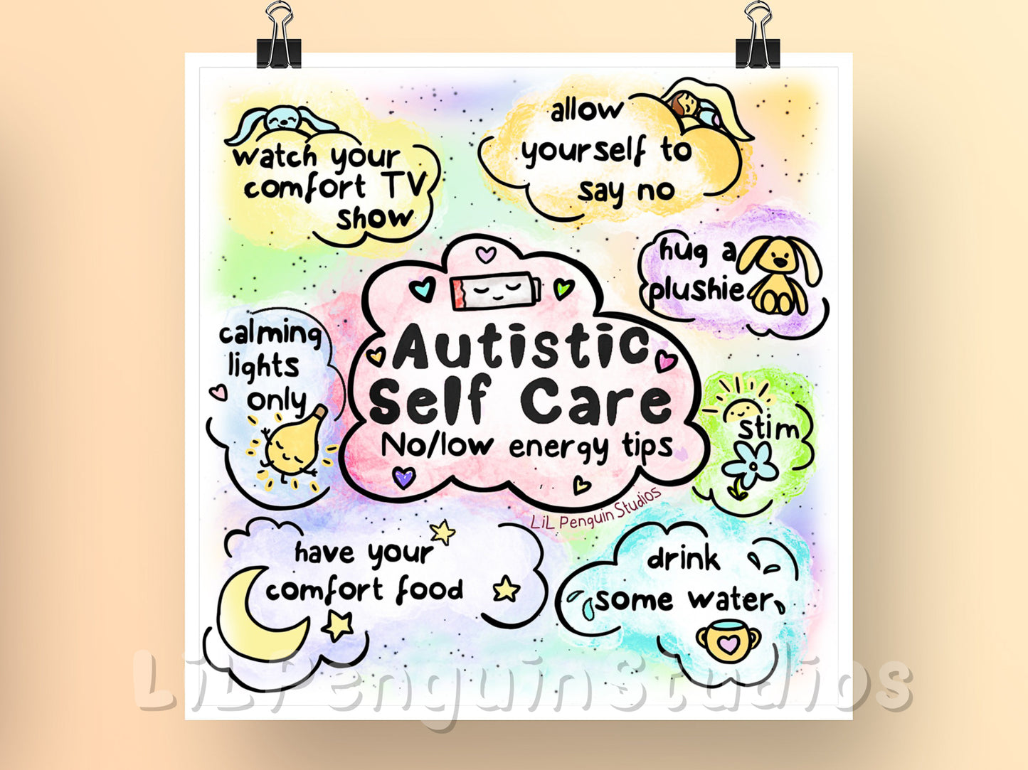 Autism Poster (digital). Transcript: Autistic self care: no/low energy tips. - allow yourself to say no - watch your comfort TV show (or movie, music etc.) - hug a plushie - drink some water - calming lights only - stim - have your comfort food