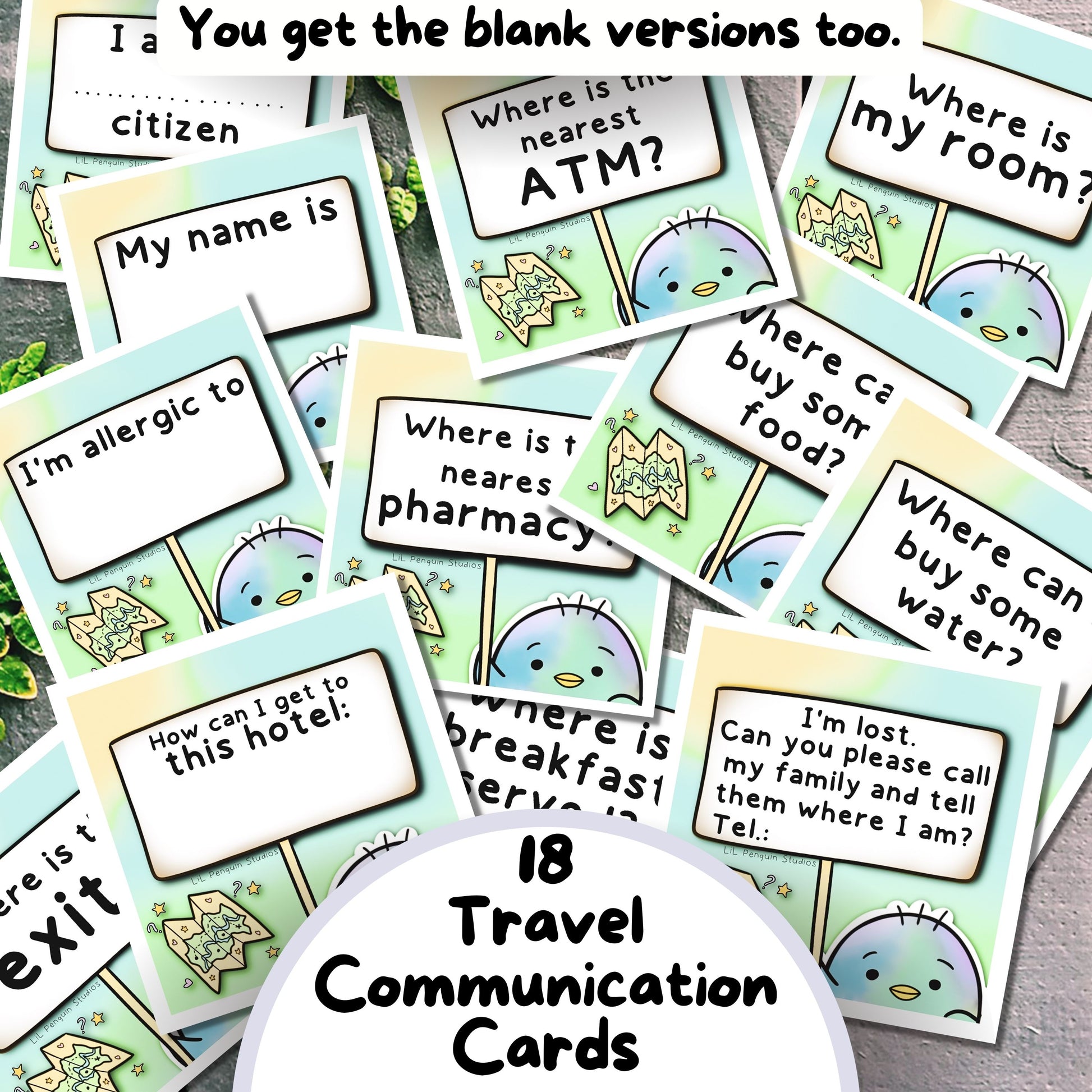 Travel Communication Cards included in the Autism Travel Kit (communication cards, planner, journal, affirmations and more).