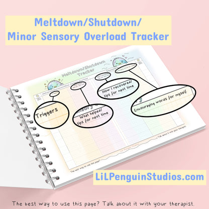 Printable Meltdown Tracker (also for shutdowns and minor sensory overloads). Written and hand-drawn by an autistic artist (LiL Penguin Studios (autism_happy_plance on Instagram)