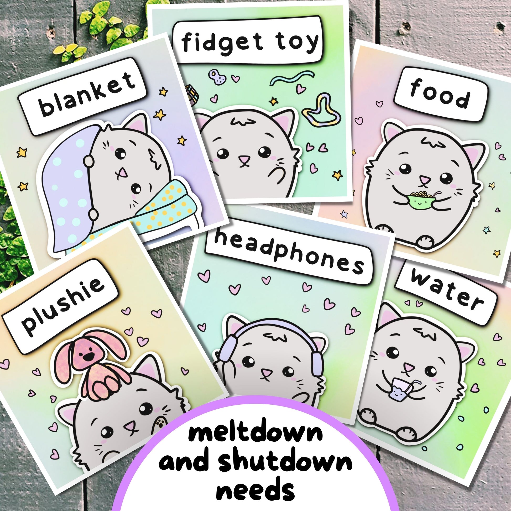 Cat-Design COmmunication Cards and Affirmation Cards, Hidden Disability Cards, for people with Selective Mutism, Autism, ADHD, Anxety. The set includes communication cards for autistic meltdowns and shutdowns as well. Hand-drawn by an autistic artist (LiL Penguin Studios)
