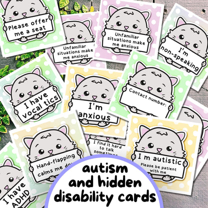 Kawaii Cat-Themed Communication Cards and Affirmation Cards, Hidden Disability Cards, for people with Selective Mutism, Autism, ADHD, Anxety, Sensory Processing DIsorder, etc.. The set includes communication cards for autistic meltdowns and shutdowns as well. Hand-drawn by an autistic artist (LiL Penguin Studios)