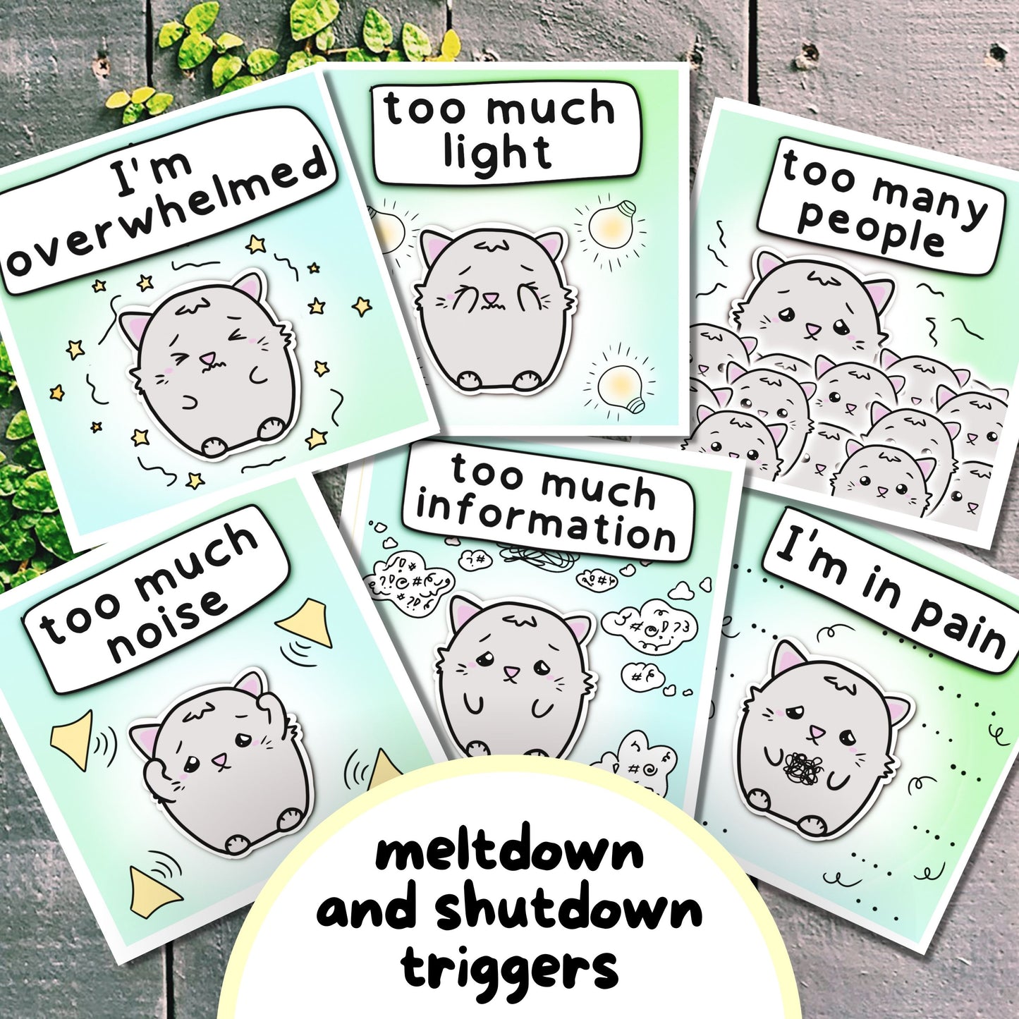 Cat-Design Communication Cards and Affirmation Cards, Hidden Disability Cards, for people with Selective Mutism, Autism, ADHD, Anxety. The set includes communication cards for autistic meltdowns and shutdowns as well. Hand-drawn by an autistic artist (LiL Penguin Studios)