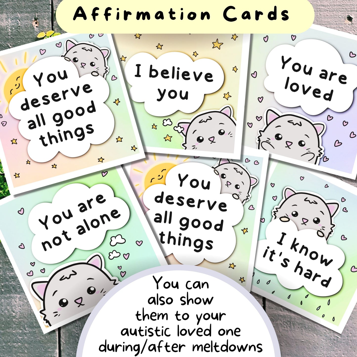 Kawaii Cat-Themed Communication Cards and Affirmation Cards, Hidden Disability Cards, for people with Selective Mutism, Autism, ADHD, Anxety. The set includes communication cards for autistic meltdowns and shutdowns as well. Hand-drawn by an autistic artist (LiL Penguin Studios)