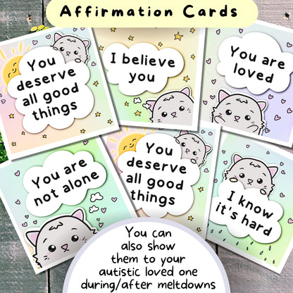 Kawaii Cat-Themed Communication Cards and Affirmation Cards, Hidden Disability Cards, for people with Selective Mutism, Autism, ADHD, Anxety. The set includes communication cards for autistic meltdowns and shutdowns as well. Hand-drawn by an autistic artist (LiL Penguin Studios)