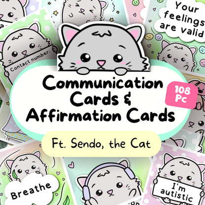 Cat-Design COmmunication Cards and Affirmation Cards, Hidden Disability Cards, for people with Selective Mutism, Autism, ADHD, Anxety. The set includes communication cards for autistic meltdowns and shutdowns as well. Hand-drawn by an autistic artist (LiL Penguin Studios)