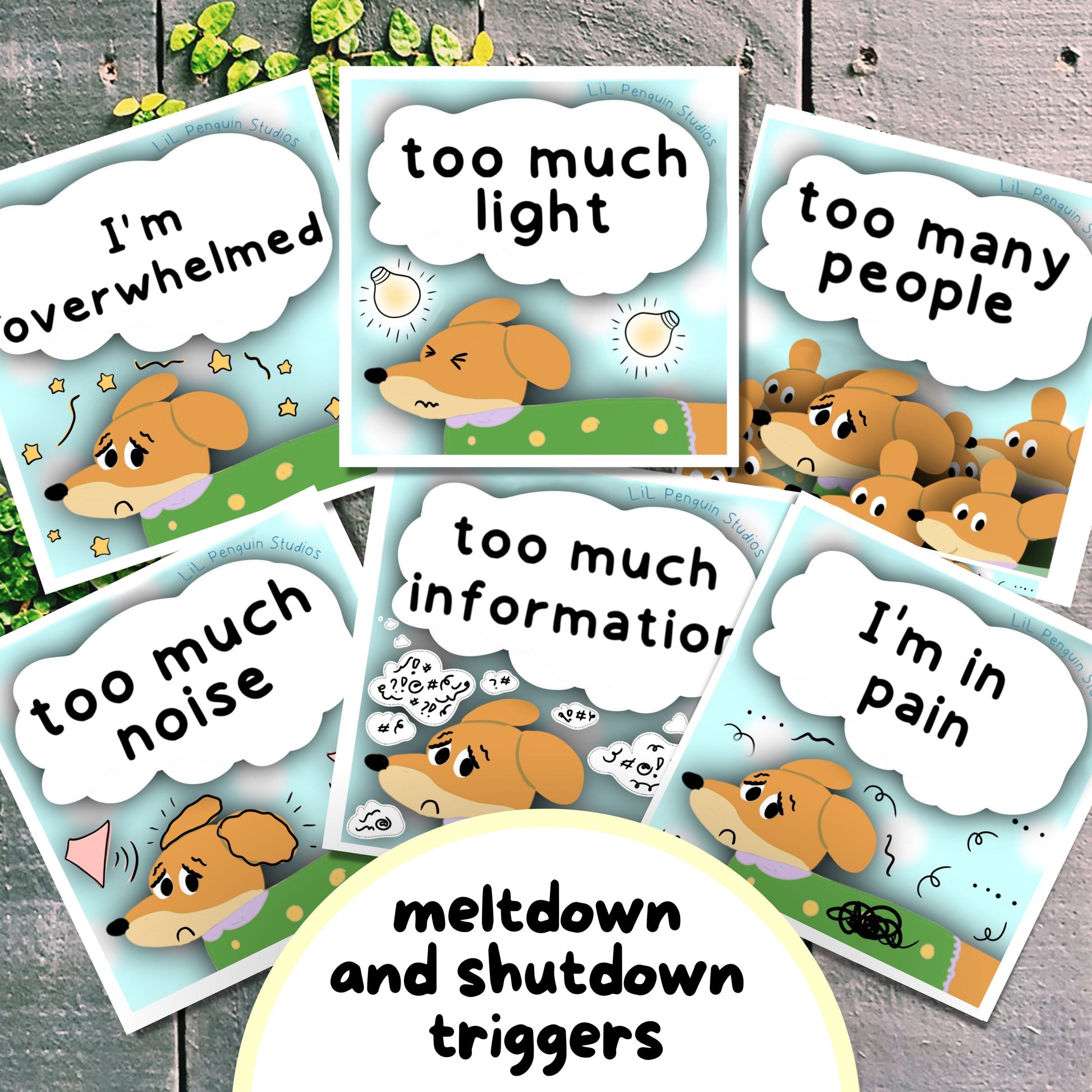 Set of cards with cartoon dogs and text about meltdown and shutdown triggers on a wooden surface.
