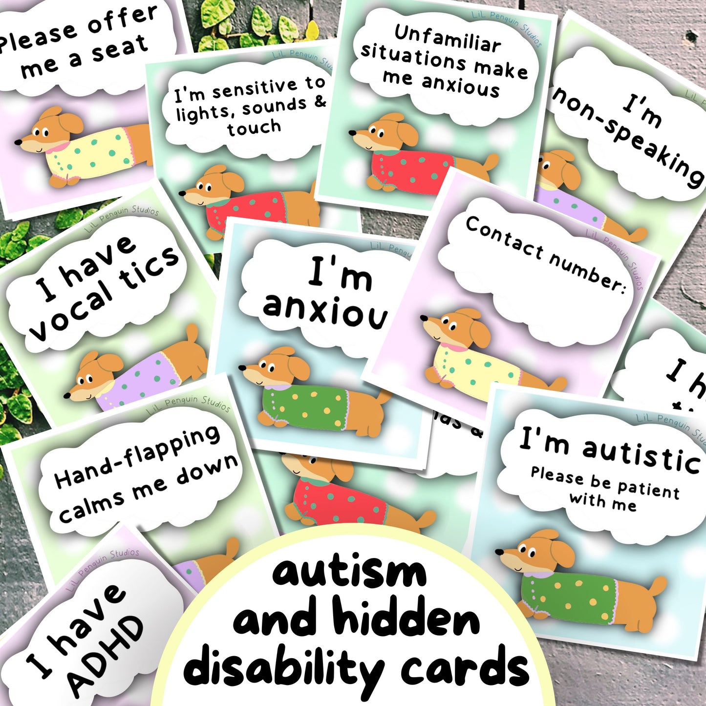 Autism and hidden disability cards with cartoon dogs and text on a wooden surface.