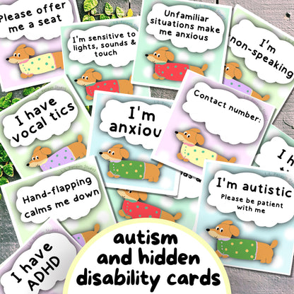Autism and hidden disability cards with cartoon dogs and text on a wooden surface.