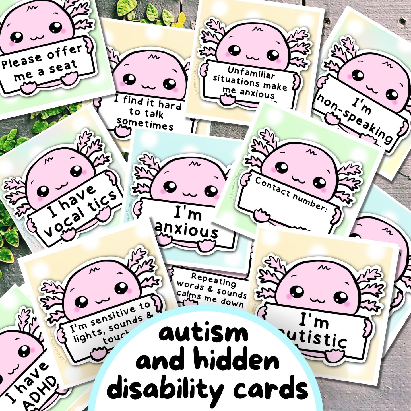 Axolotl Communication Cards and Affirmations Bundle (Autism, ADHD, Anxiety, Hidden Disabilities)