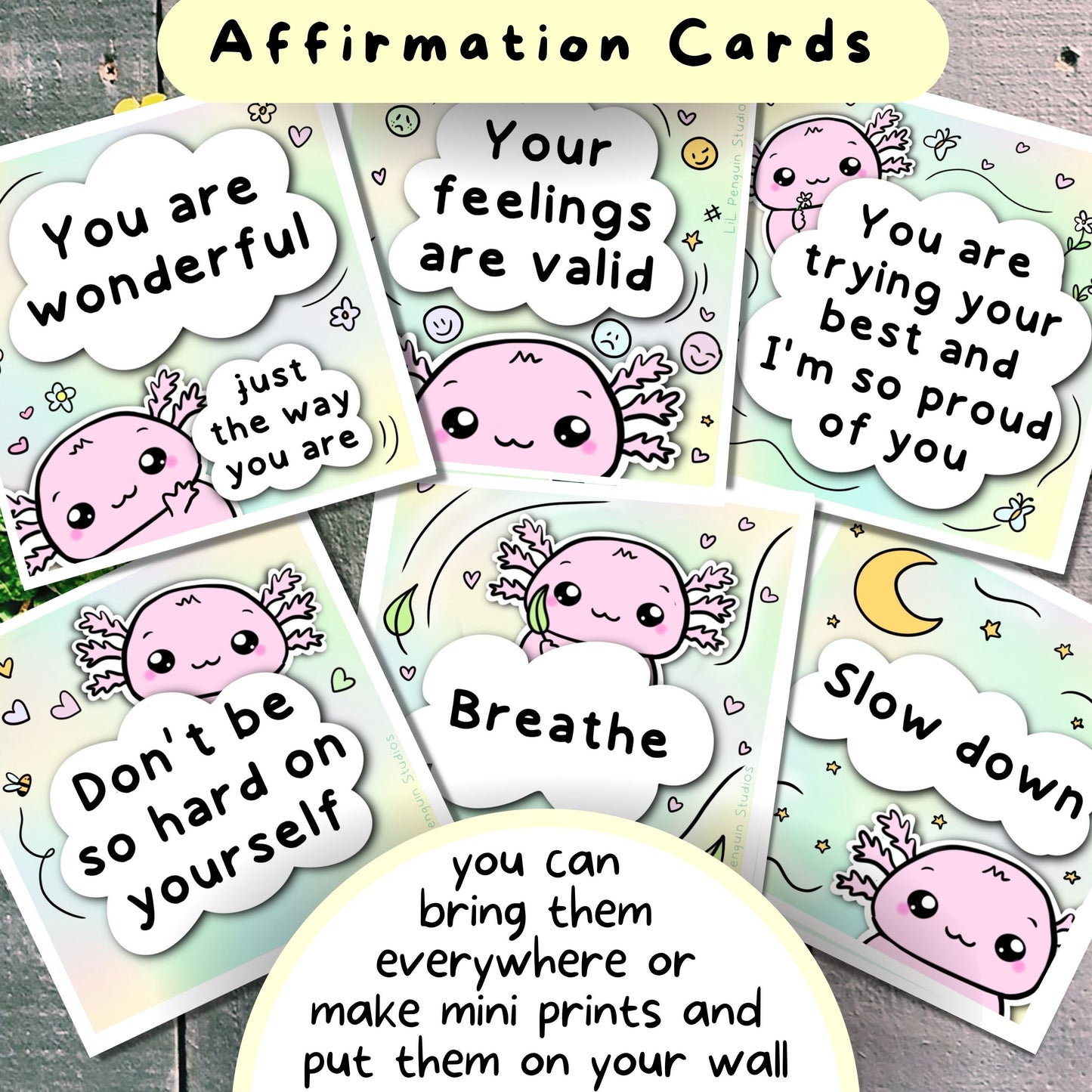 Axolotl Communication Cards and Affirmations Bundle (Autism, ADHD, Anxiety, Hidden Disabilities)