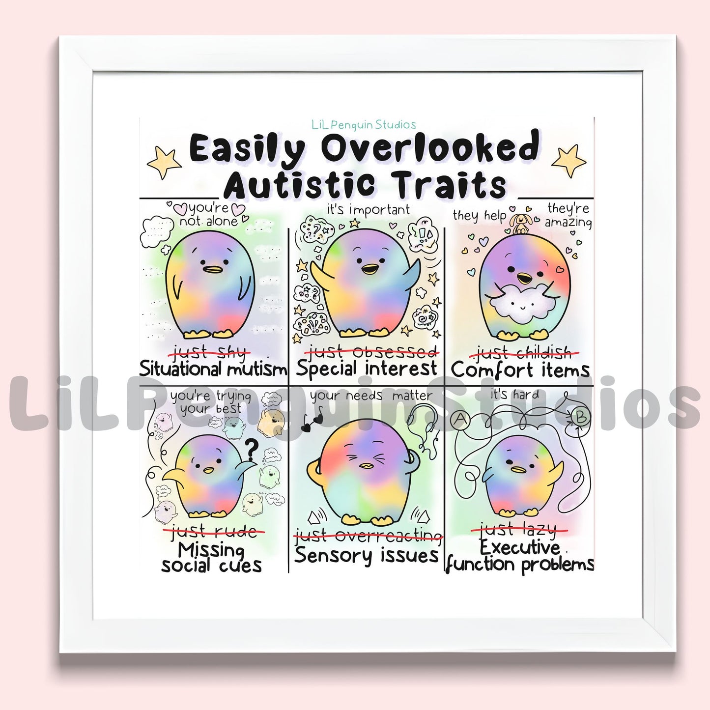 Easily Overlooked Autistic Traits Printable Bundle hand drawn by an autistic artist (LiL penguin Studios). Page titles: selective mutism / situational mutism, sensitivities, executive function problems, missing social cues, comfort items, special interests.