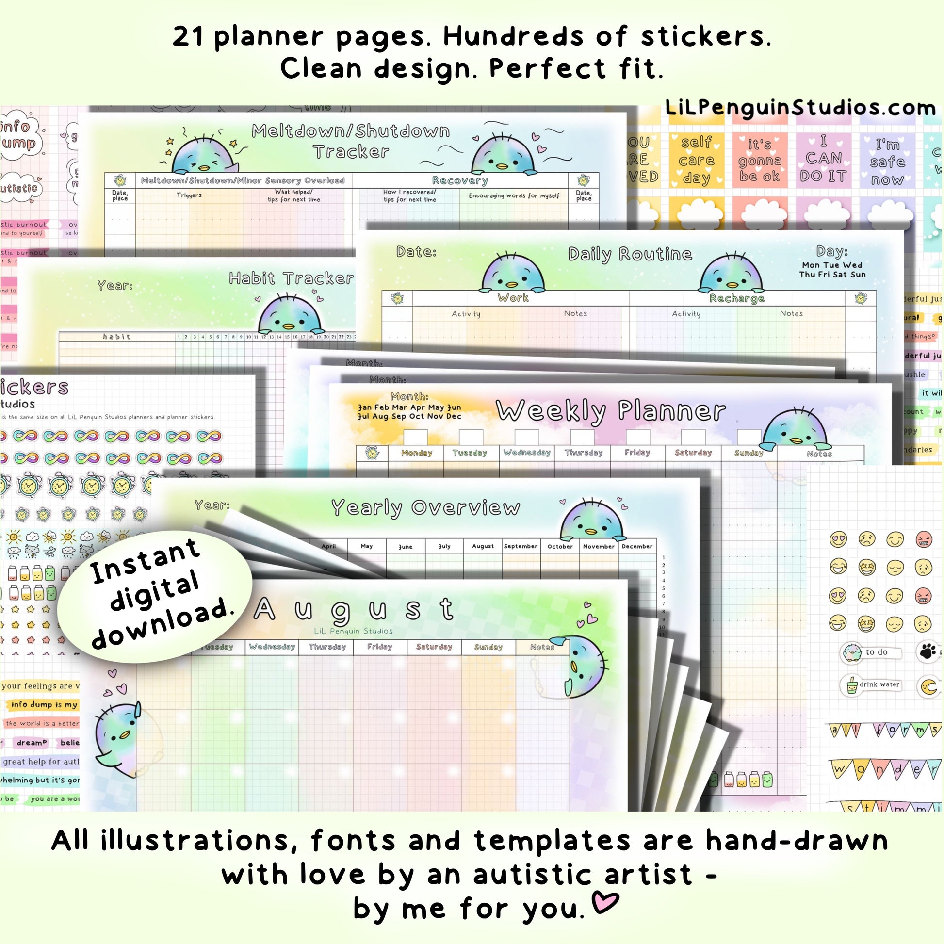 Printable Autism Planner Kit (Digital Planner Pages and Printable  Stickers)Written and hand-drawn by an autistic artist (LiL Penguin Studios (autism_happy_plance on Instagram)