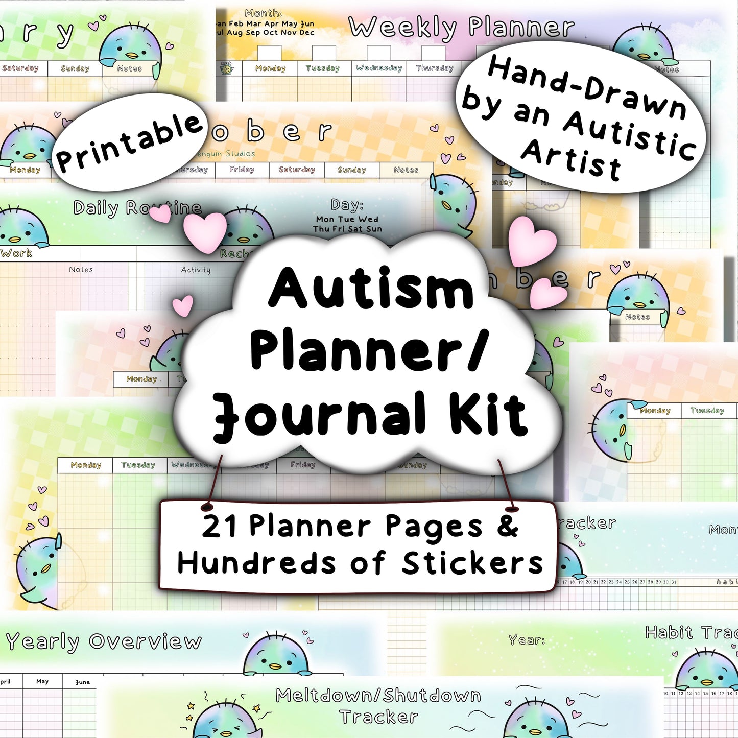 Printable Autism Planner Kit. Written and hand-drawn by an autistic artist (LiL Penguin Studios (autism_happy_plance on Instagram)