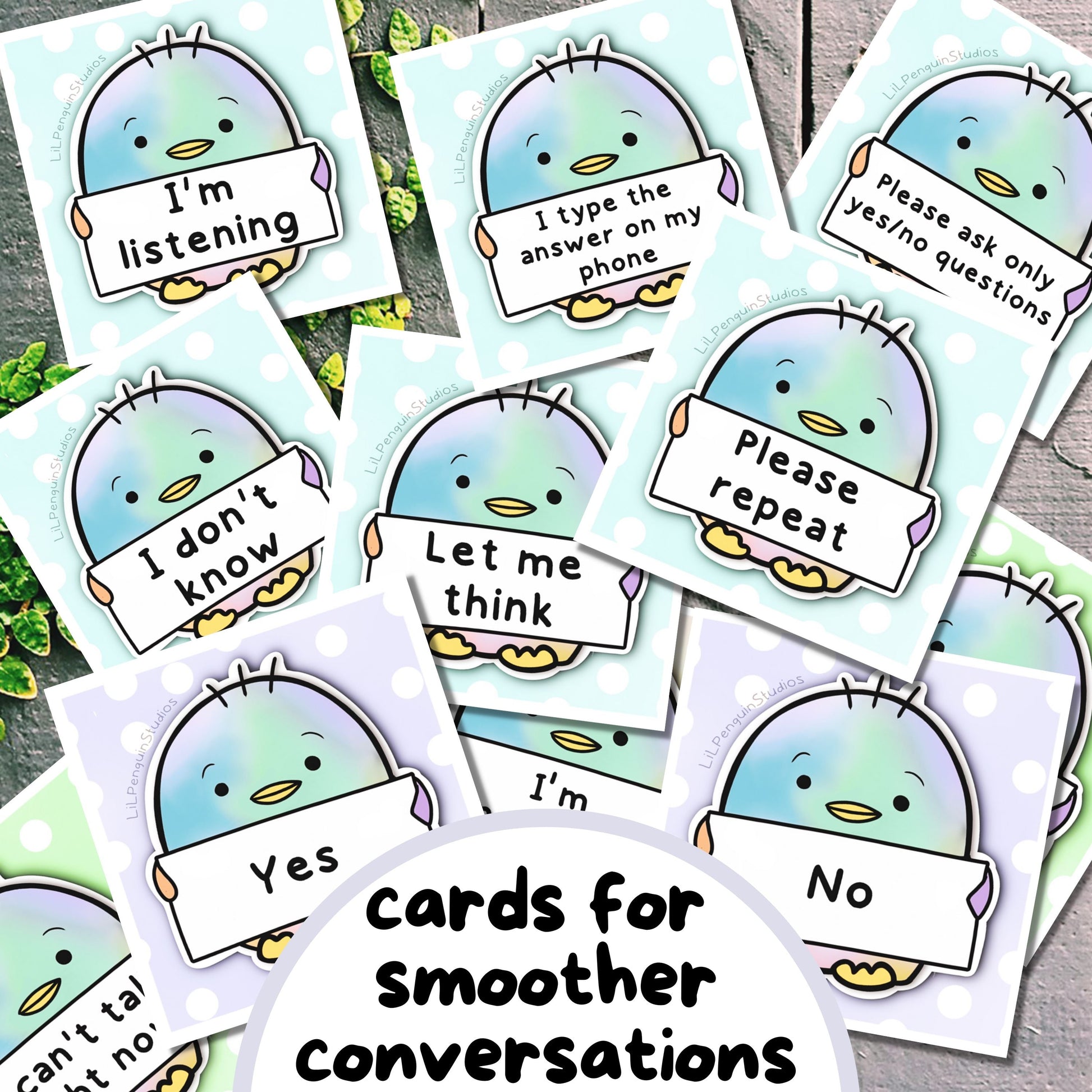 Communication Cards for Smoother Conversations. Written and hand-drawn by an autistic artist (LiL Penguin Studios (autism_happy_plance on Instagram)