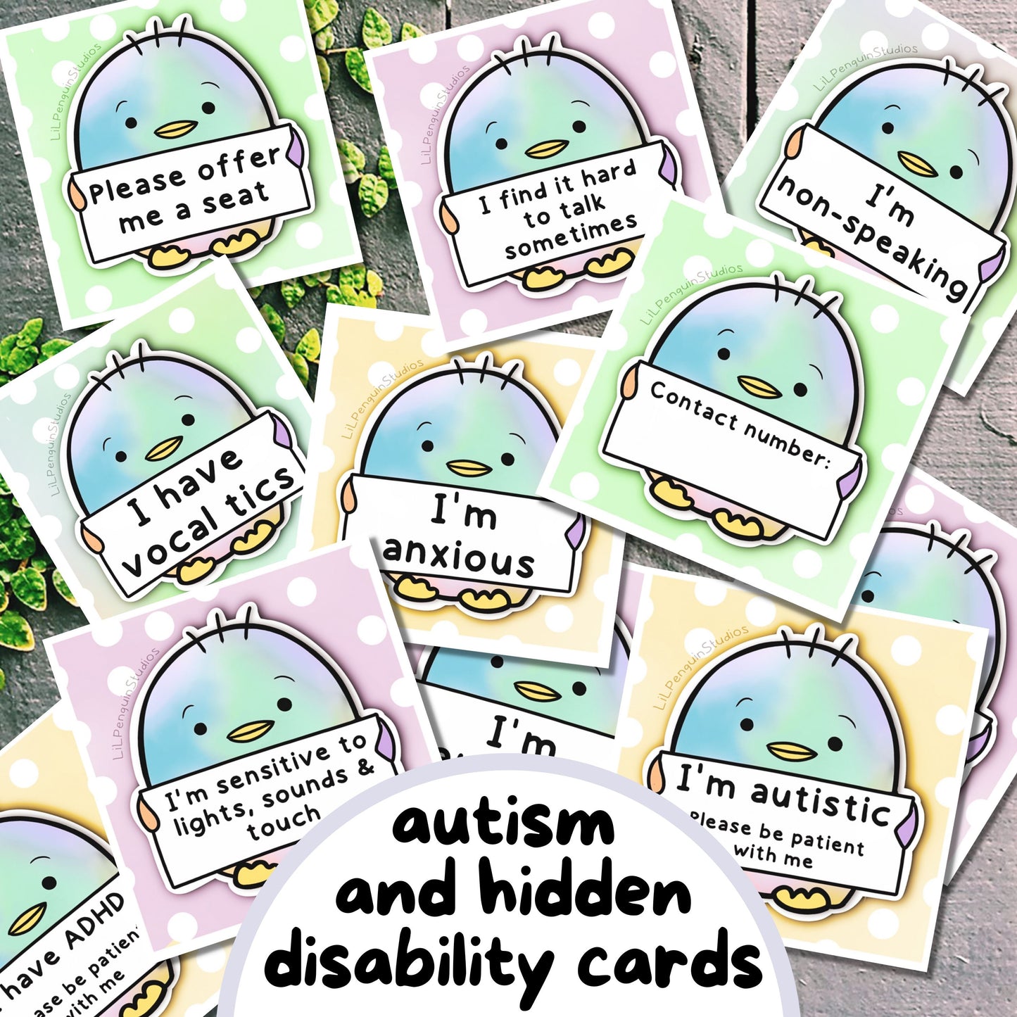 Autism and Hiddend Disability Cards Bundle Written and hand-drawn by an autistic artist (LiL Penguin Studios (autism_happy_plance on Instagram)