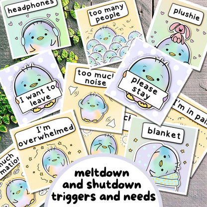 Hand-drawn Communication Cards (meltdown triggers and needs). Written and hand-drawn by an autistic artist (LiL Penguin Studios (autism_happy_plance on Instagram)