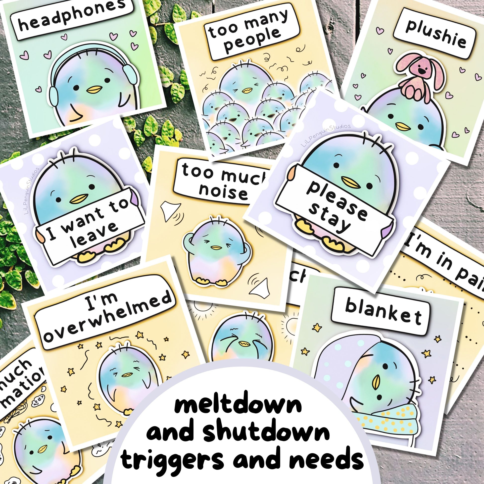 Meltdown and Shutdown Triggers and Needs. Written and hand-drawn by an autistic artist (LiL Penguin Studios (autism_happy_plance on Instagram)