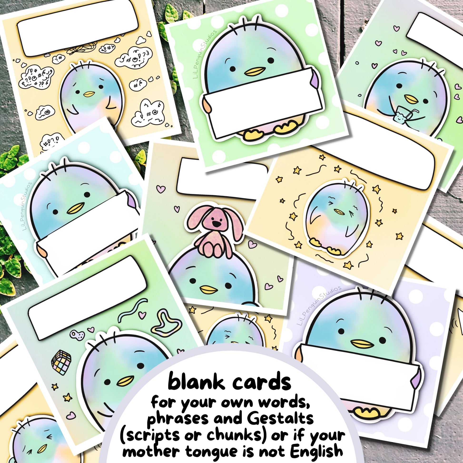 Blank Communication Cards that you can customize at home.  hand-drawn by an autistic artist (LiL Penguin Studios (autism_happy_plance on Instagram)