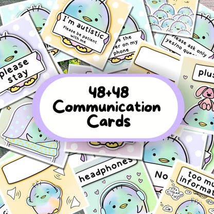 Communication Card Pack hand drawn by an autistic artist. 48 filled-in and 48 blank printable cards. Written and hand-drawn by an autistic artist (LiL Penguin Studios (autism_happy_plance on Instagram)