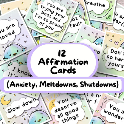 12 Affirmation Cards. Written and hand-drawn by an autistic artist (LiL Penguin Studios (autism_happy_plance on Instagram)