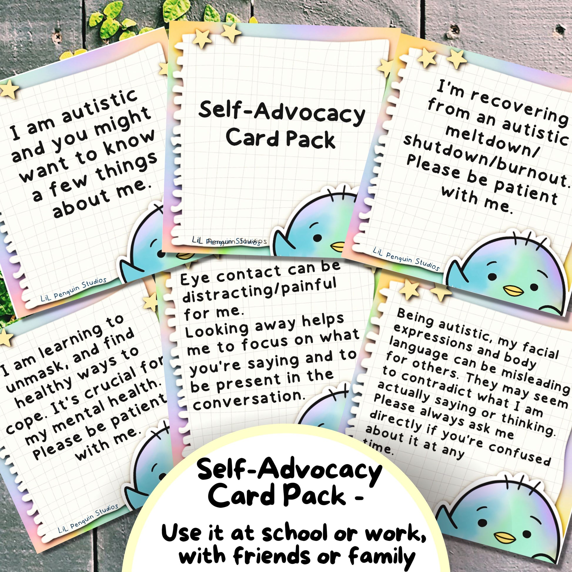 Communication Cards with Explanations (Use it ast school or work, with friends or family - Autism Self-Advocacy Card Pack written and hand-drawn by an autistic artist (LiL Penguin Studios( 