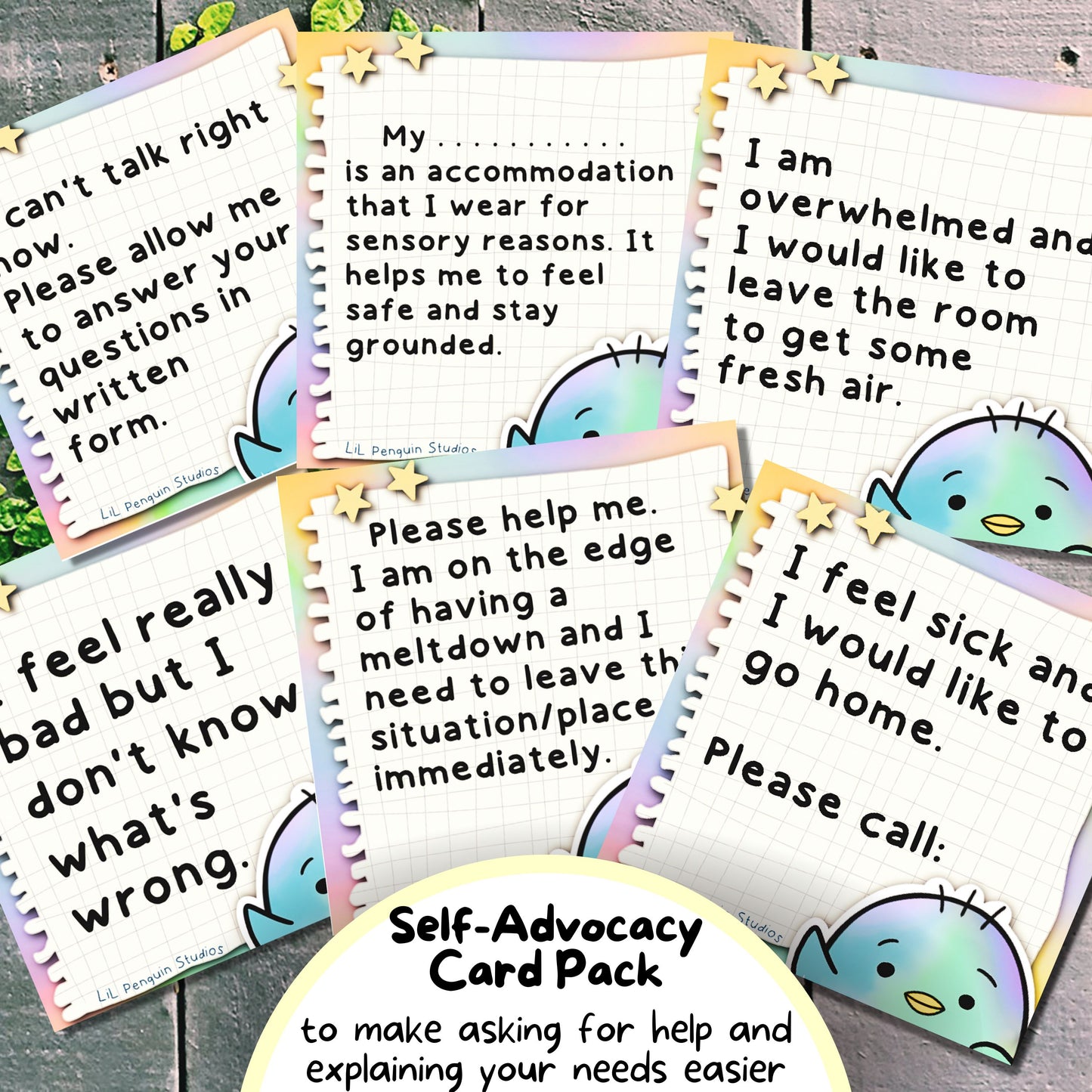 Communication Cards with Explanations to make asking for help and explaining your needs easier - Autism Self-Advocacy Card Pack (School, Work, Friends, Family) written and hand-drawn by an autistic artist (LiL Penguin Studios( 