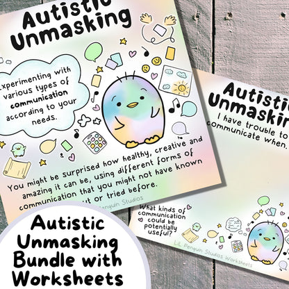 Autistic Unmasking Bundle with 6 Worksheets, a poster and 6 further art prints.
