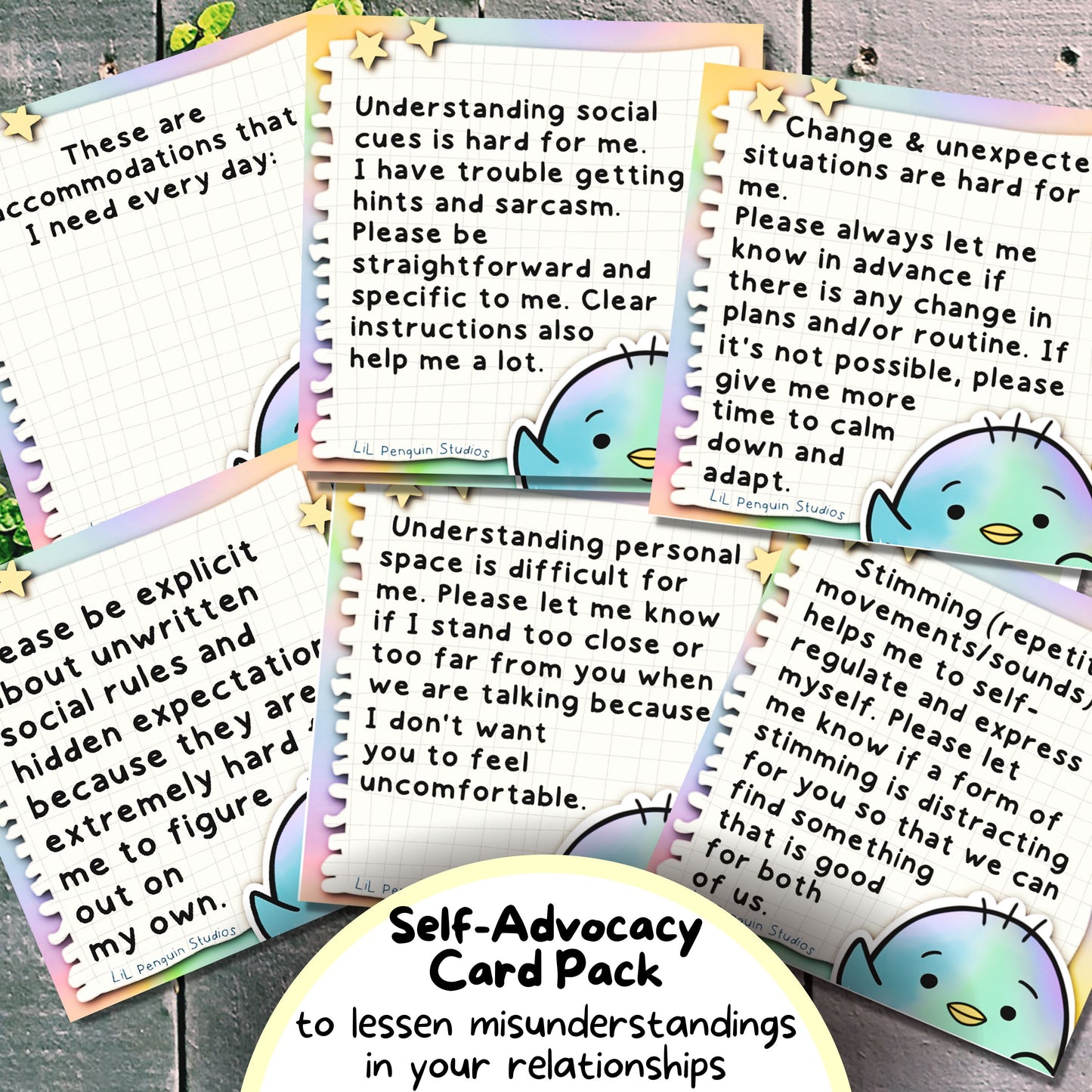Communication Cards with Explanations to lessen misuderstandings in your relationships - Autism Self-Advocacy Card Pack (School, Work, Friends, Family) written and hand-drawn by an autistic artist (LiL Penguin Studios( 