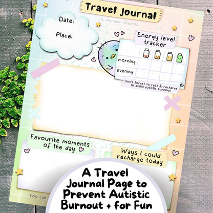 Autism journal for traveling to prevent autistic burnout and to have fun. It is included in the Autism Travel Kit (communication cards, planner, journal, affirmations and more).