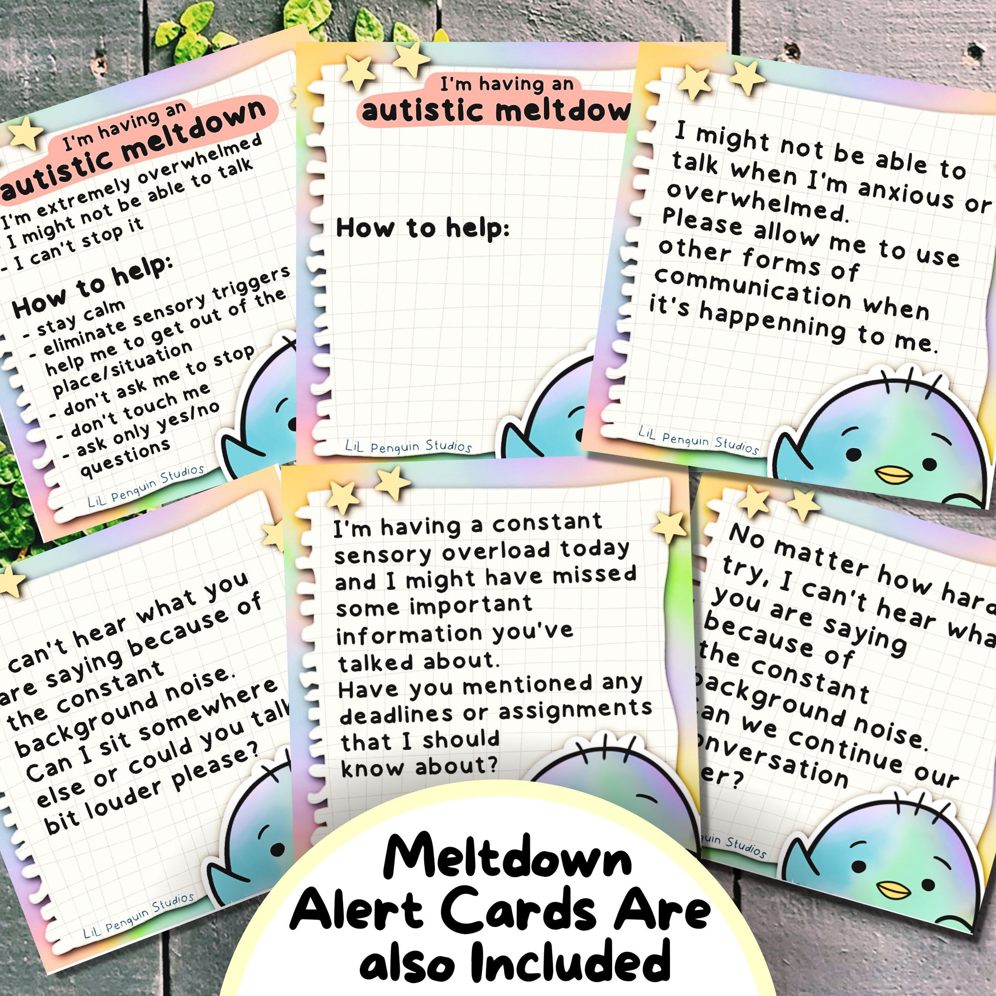 Communication Cards with Explanations (Meltdown Alert Cards are also included) - Autism Self-Advocacy Card Pack (School, Work, Friends, Family) written and hand-drawn by an autistic artist (LiL Penguin Studios( 
