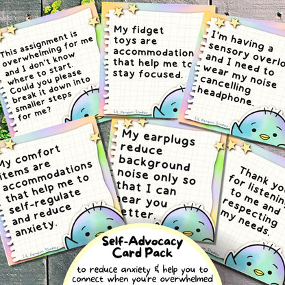 Communication Cards with Explanations to reduce anxiety and help you to connect when you're overwhelmed - Autism Self-Advocacy Card Pack (School, Work, Friends, Family) written and hand-drawn by an autistic artist (LiL Penguin Studios)