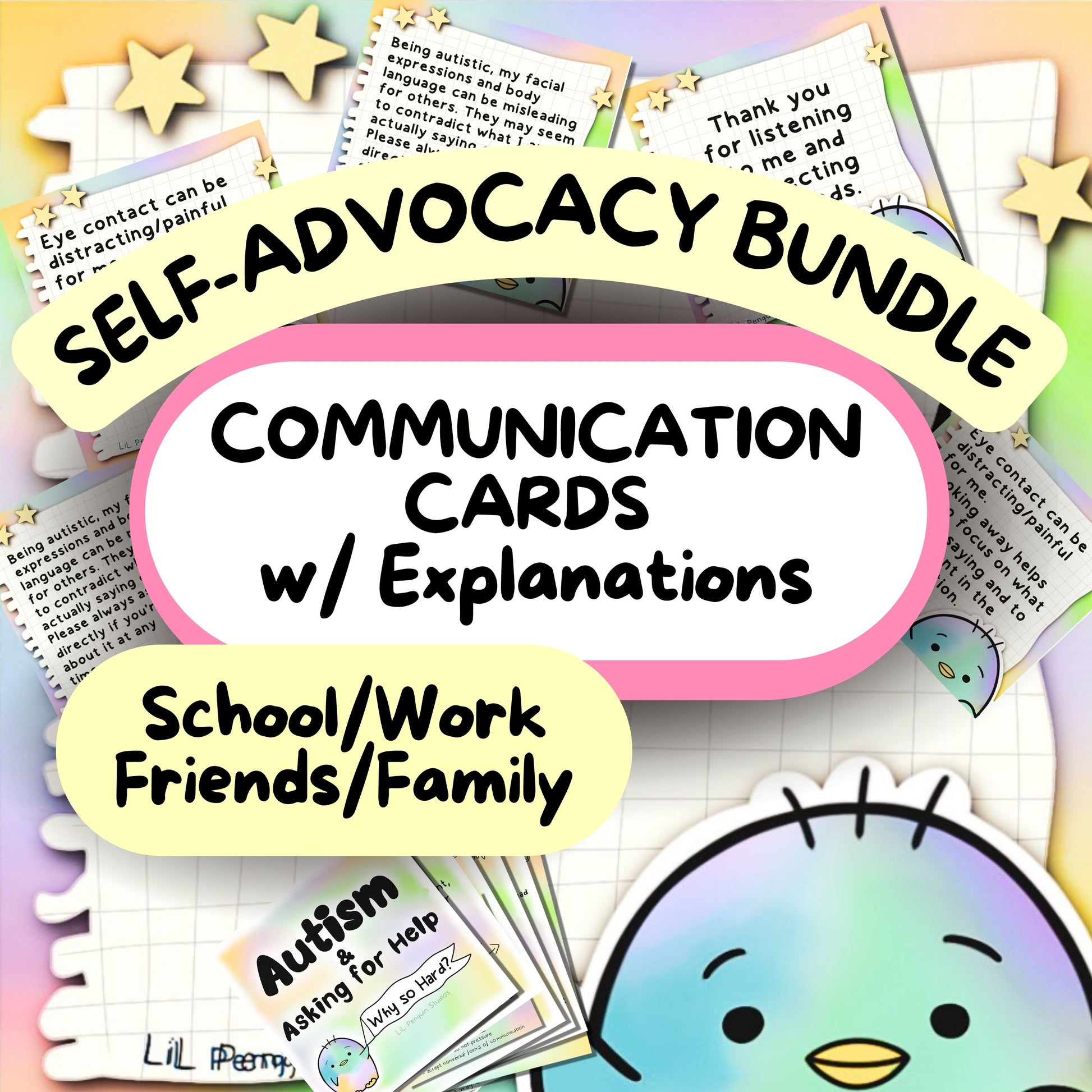 Communication Cards with Explanations - Autism Self-Advocacy Card Pack (School, Work, Friends, Family) hand-drawn by an autistic artist (LiL Penguin Studios( 
