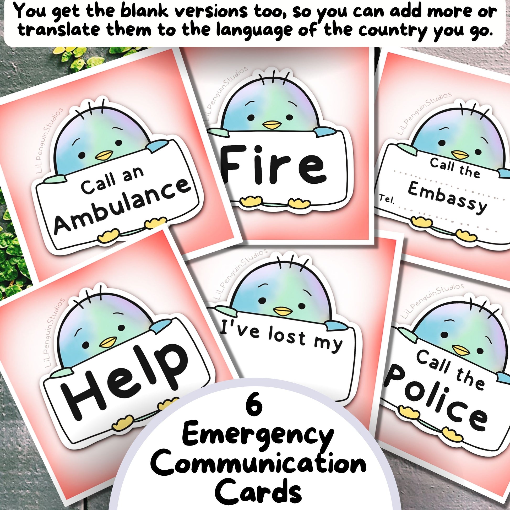 Emergency communication cards ncluded in the Autism Travel Kit (communication cards, planner, journal, affirmations and more).