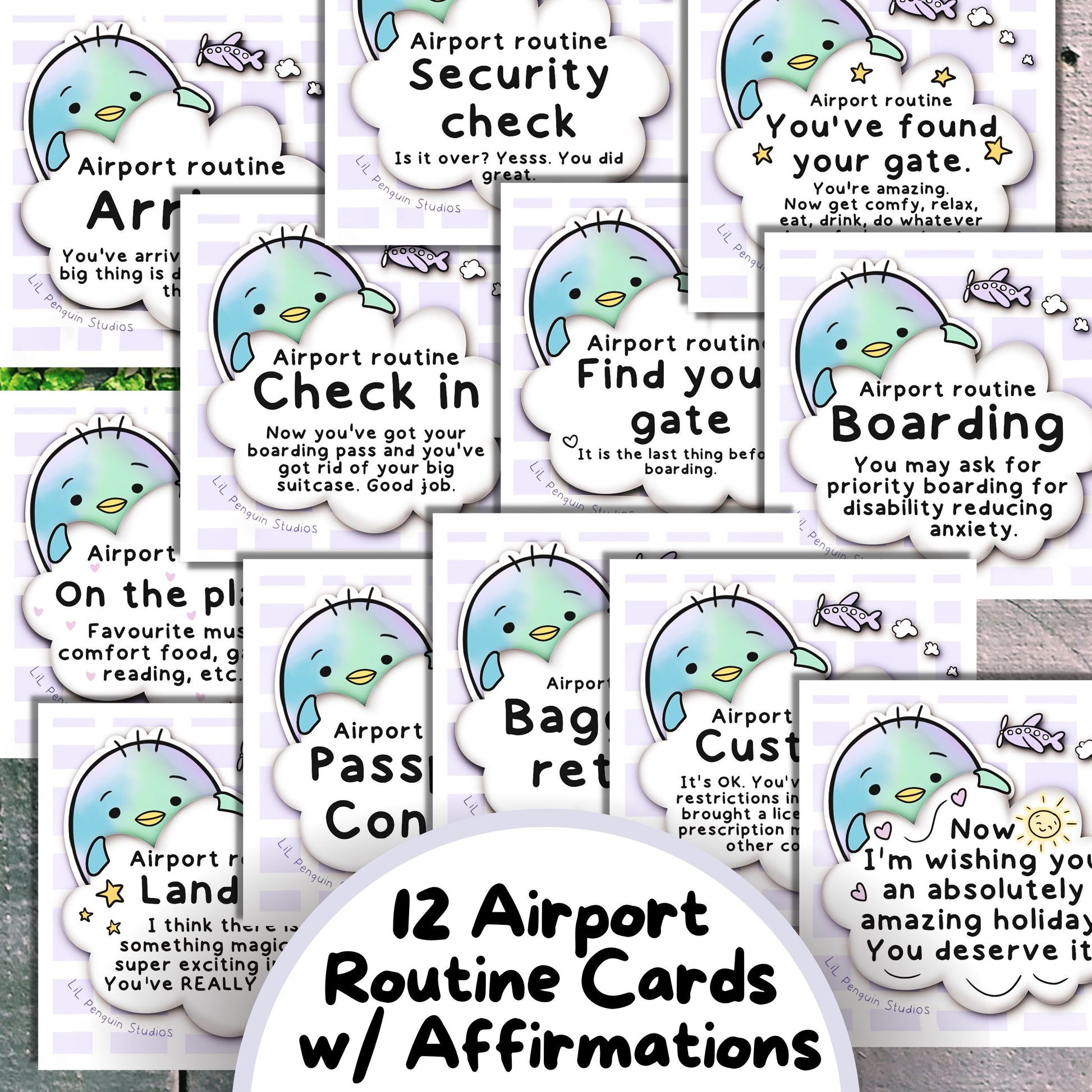 Airport routine cards with affirmations and ecouragements included in the Autism Travel Kit (communication cards, planner, journal, affirmations and more).