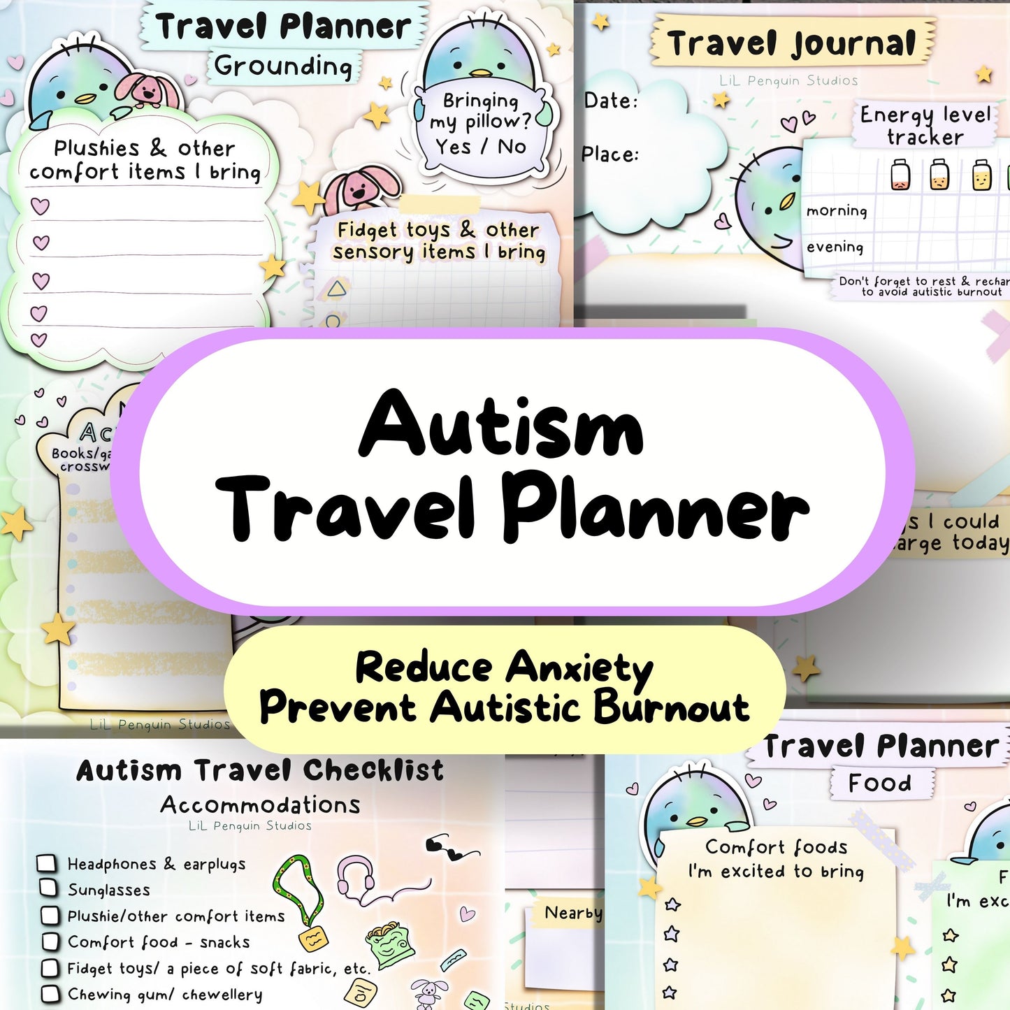 autism planner for traveling hand drawn by an autistic artist, LiL Penguin Studios.