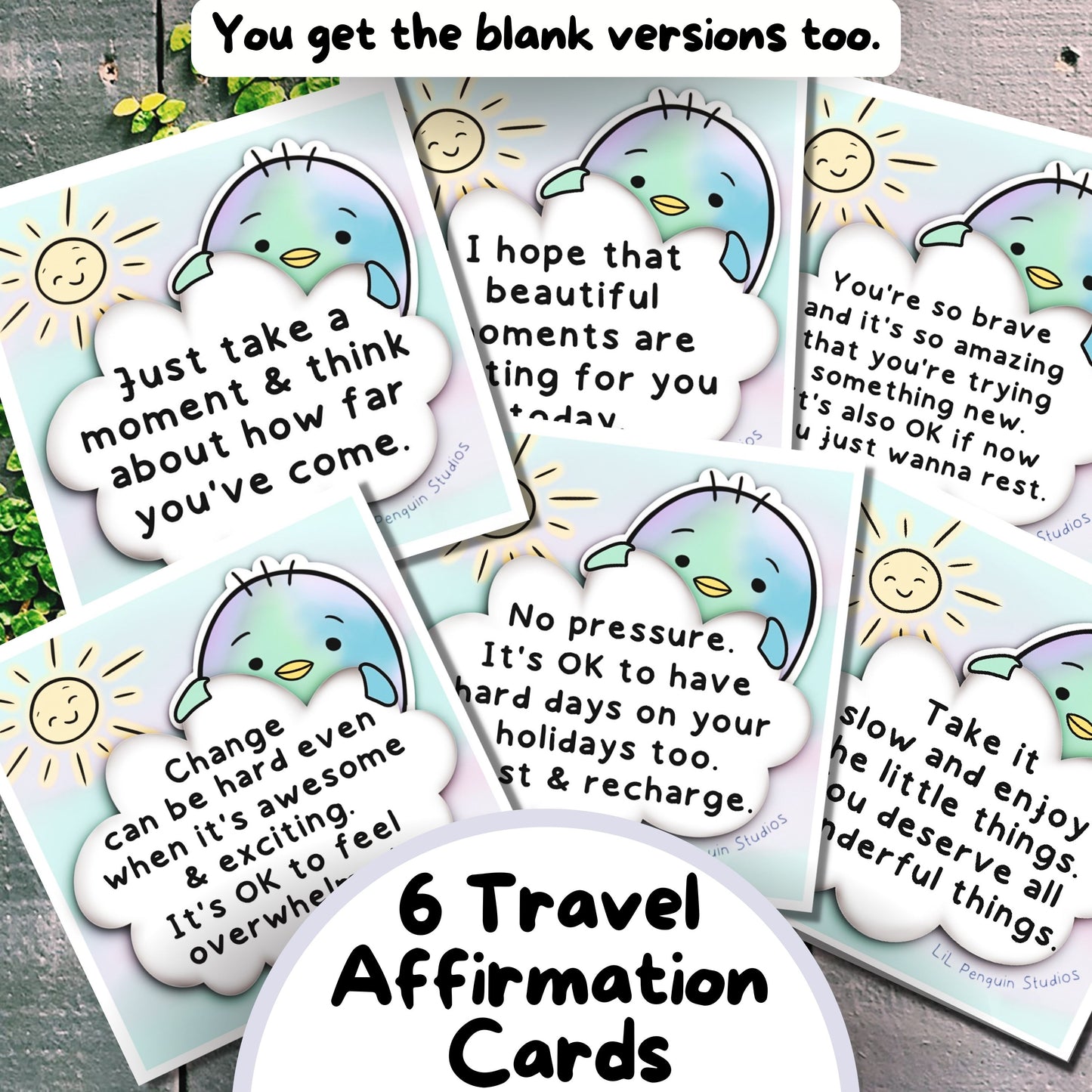 Travel affirmations to reduce anxiety included in the Autism Travel Kit (communication cards, planner, journal, affirmations and more).