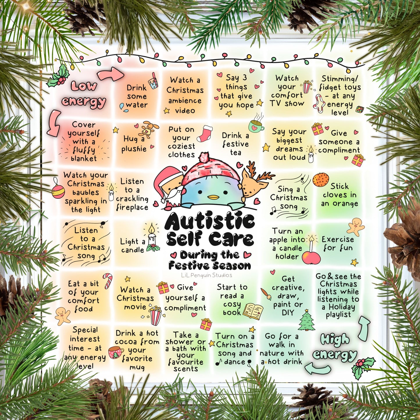 Autistic Self-Care for the festive season printable poster.