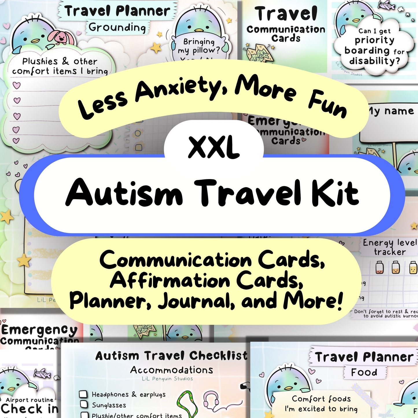 Autism Travel Kit (communication cards, planner, journal, affirmations and more) hand drawn by an autistic artist, LiL Penguin Studios