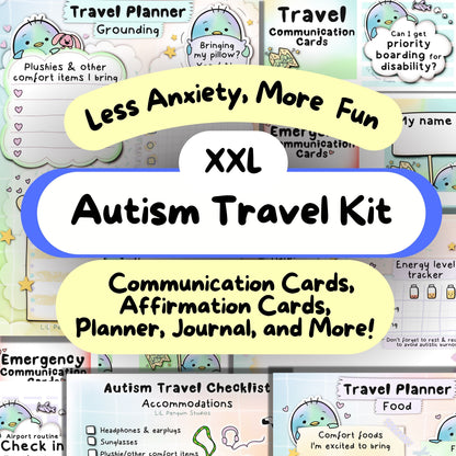 Autism Travel Kit (communication cards, planner, journal, affirmations and more) hand drawn by an autistic artist, LiL Penguin Studios