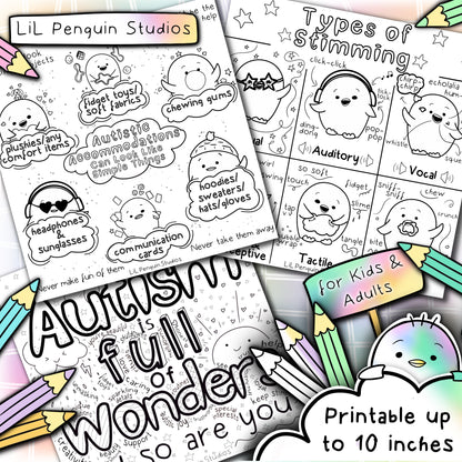Autism Printable Colouring Book. (20 Colouring Pages). Written and hand-drawn by an autistic artist (LiL Penguin Studios (autism_happy_plance on Instagram)