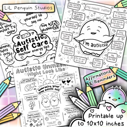 The Autism Colouring Book. Affirmations, reminders, self-love messages, and lots of cute drawings to color. 