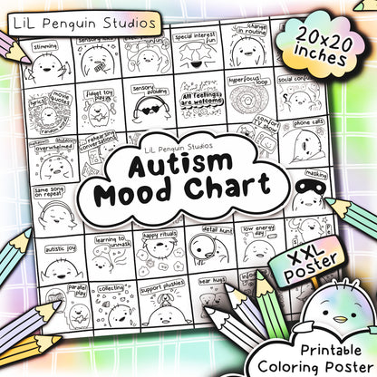 Autism Coloring Book including an XXL Poster to color (printable up to 20x20 inches). Written and hand-drawn by an autistic artist (LiL Penguin Studios (autism_happy_plance on Instagram)