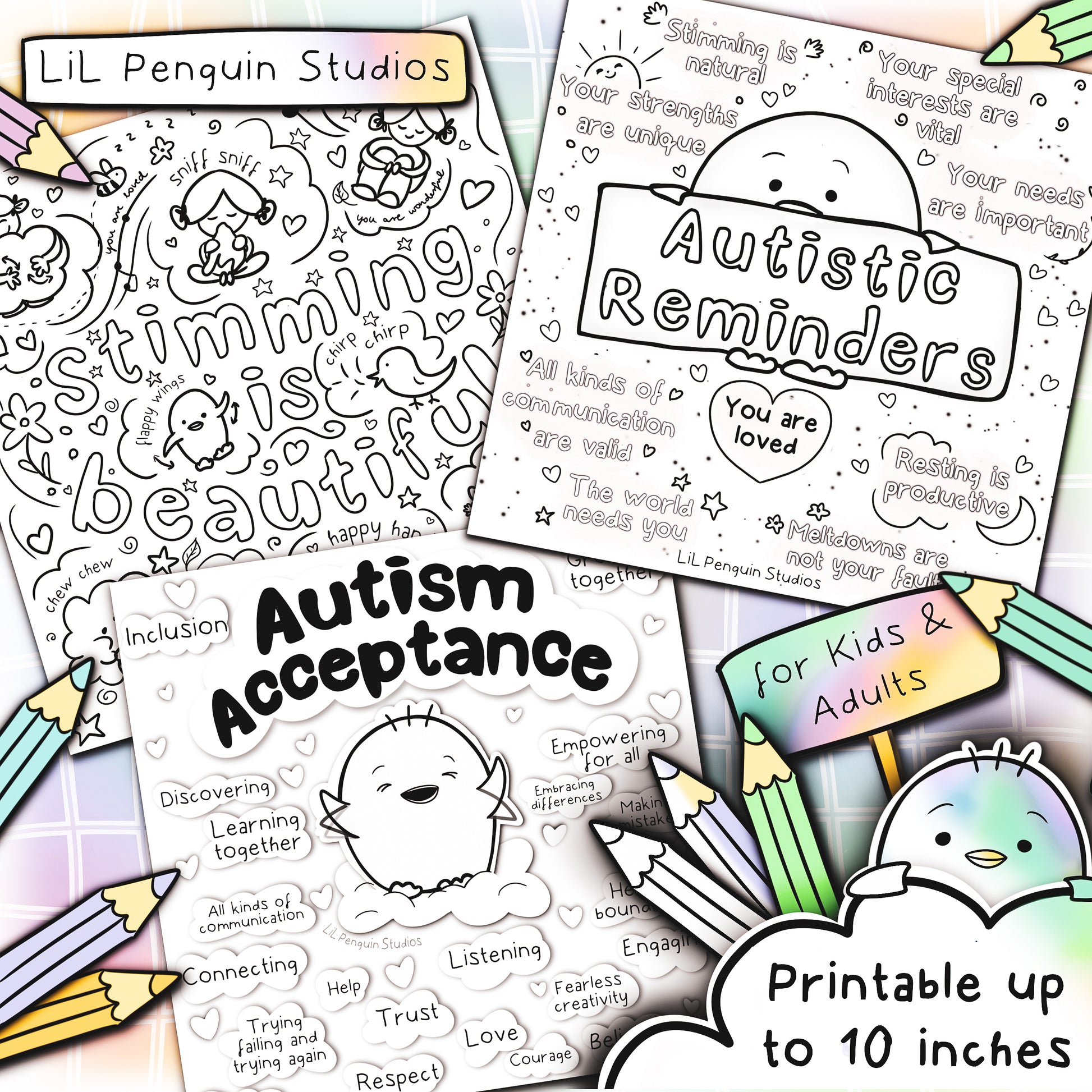 The Autism Coloring Book - Affirmations, reminders, self-love messages, and lots of cute drawings to color. Hand drawn by an autistic artist. Written and hand-drawn by an autistic artist (LiL Penguin Studios (autism_happy_plance on Instagram)